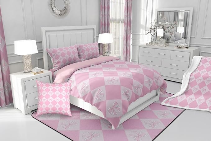 Erosebridal Kids Kawaii Bowknot Comforter Set King Fantasy Princess Bedding Comforter Sets for Kids Girls Teen Room Decor,Pink Girly Plaid Bedding Set Cute Bow Checkered Quilt Duvet 2 Pillow Cases