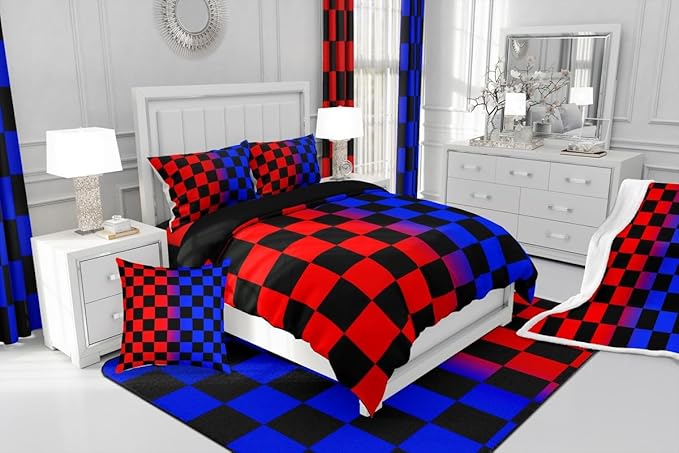 Feelyou Checkered Kids Comforter Set Twin Size Red Blue Plaid Bedding Set Cute Retro Neutral Checkerboard Geometric Duvet Quilt for Kids Boys Girls Bedroom Vintage Aesthetic Decor