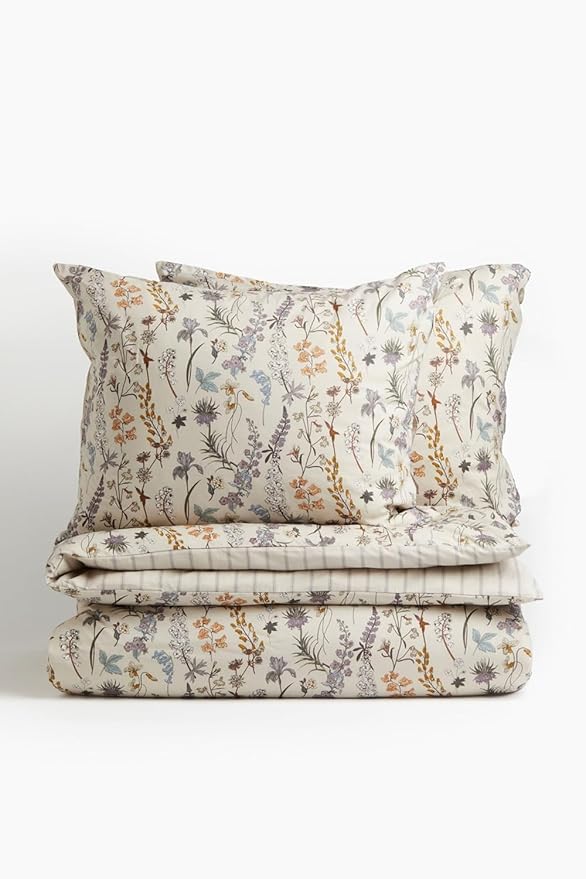 Floral Comforter Set Queen 3 Pieces Aesthetic Reversible Striped Bedding Set Beige, 100% Microfiber, Farmhouse Botanical Flower Comforter with 2 Pillowcases, Soft Lightweight, All Season