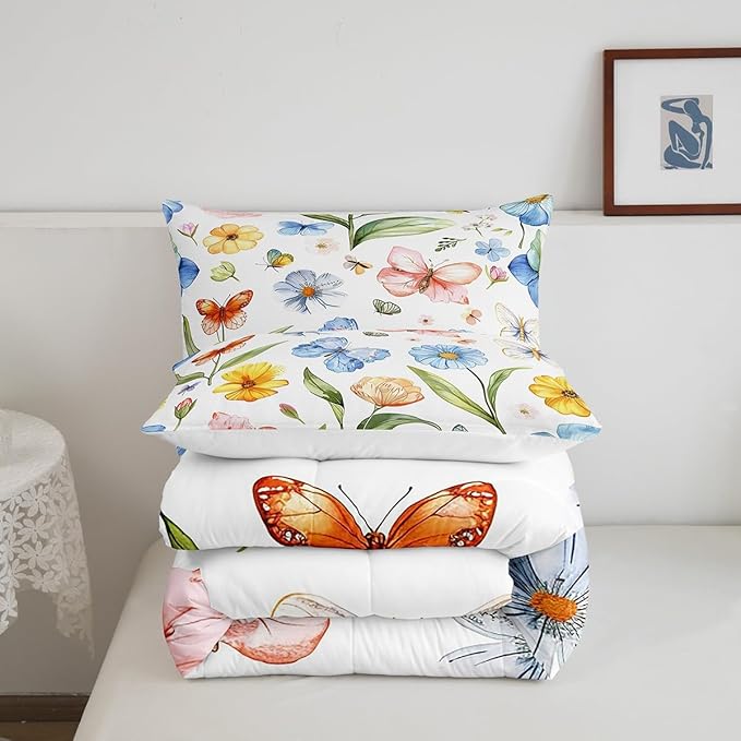 Manfei Botanical Comforter Set King Size, Watercolor Flower Butterfly Quilt Set with 2 Pillowcases, Plants Floral Bedding Set 3pcs for Kids Boys Girls Room Decor Lightweight Duvet Insert