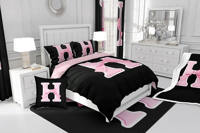 jejeloiu Kids Girls Black Pink Bow Comforter Set with Sheets King Size Monogrammed 7 Piece Bedding Set Personalized Initial H Bed in a Bag with Comforter,Sheets,Pillowcases Modern Fashion Bed Set