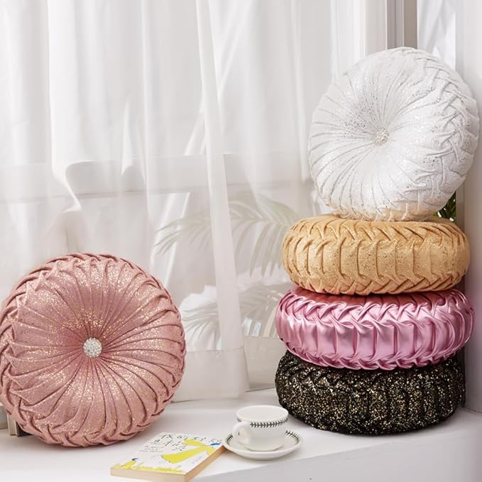 EUCIOR Round Throw Pillows,Blush Pink and Gold Throw Pillow,Soft Spandex Fabric,Pumpkin Pleated Handmade Pink Round Velvet Decorative Pillow for Sofa Bedroom Livingroom