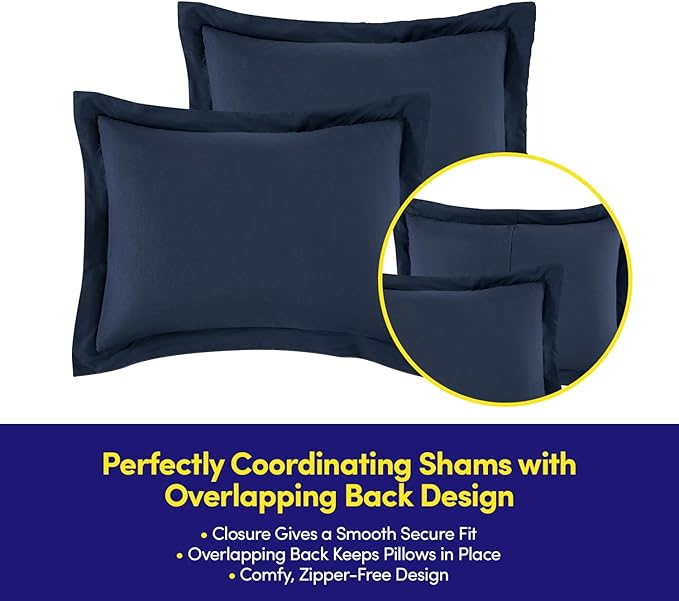 Queen Comforter Set Quilted Stripe Bedding Bundle β Comforter, Mattress Protector, Sheets with Pockets on The Side & Built-in Corner Strap β Fitted Sheet Media Pocket for Devices, Navy Blue