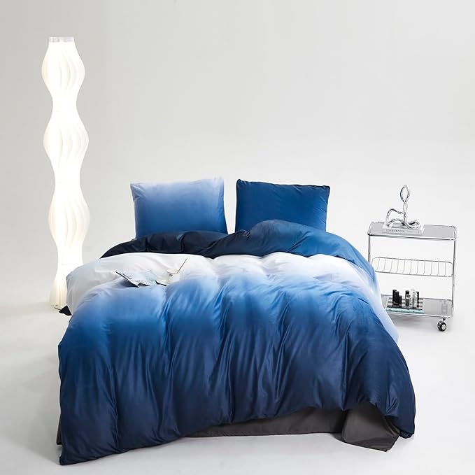 Cottonight Velvet Fluffy Comforter Full Blue Gradient Plush Flannel Bedding Set Women Men Thick Warm Winter Blanket Quilts Sherpa Micromink Ink Color Navy Blue Plush Fashion Bedding