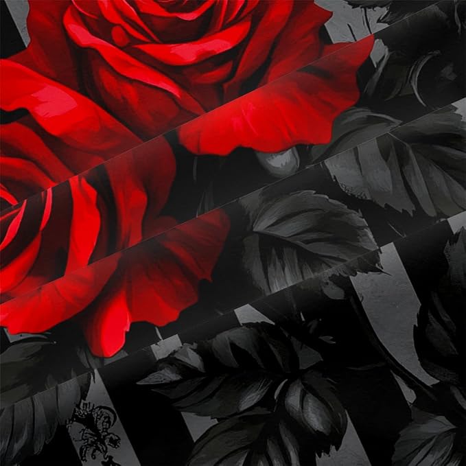 Dark Floral Comforter Set Full Size, Red Rose Soft Microfiber Bedding Set on Black Grey Stripe Background for Girls American Vintage Style Bedroom Decor, 3Pcs & 2 Pillowcases