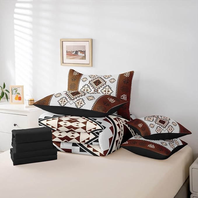 Erosebridal Farmhouse Aztec Bedding Set Queen 7-Piece Rustic Vintage Southwestern Comforter Set Western Ethnic Geometric Diamond Bed in A Bag Boho Country Tribal Art Quilt with Flat Fitted Sheet