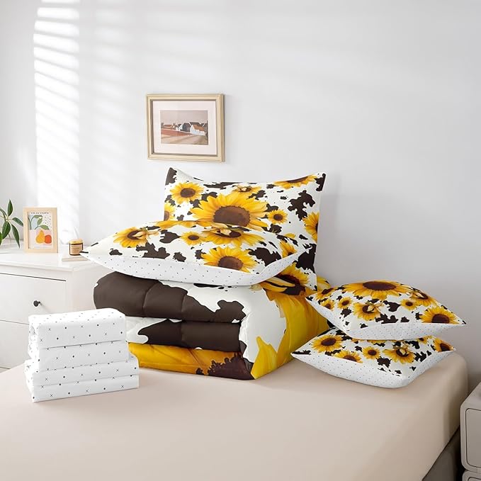 Erosebridal 7 Pcs Sunflower Cow Comforter Set Full Size,Cow Printed Bed in a Bag with Flat Sheet and Fitted Sheet for Cowboy Cowgirl,Farmhouse Cowhide Bedding Set with Pillowcases and Cushion Cases
