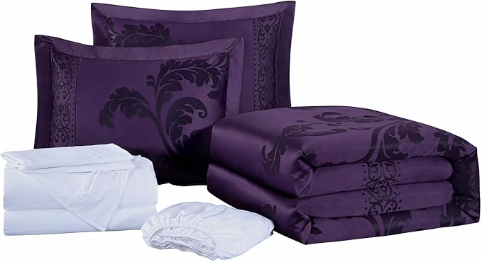 Chezmoi Collection Valor 7-Piece King Bed in a Bag, Purple/Dark Purple Luxury Jacquard Floral Comforter with Sheets Set for All Season