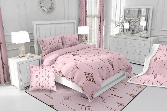 Feelyou Pink Western Bull Skull Comforter Set Boho Ethnic Horns Full Size Bedding Set Kids Adult Tribal Symbol Mysterious Aztec Comforter Soft