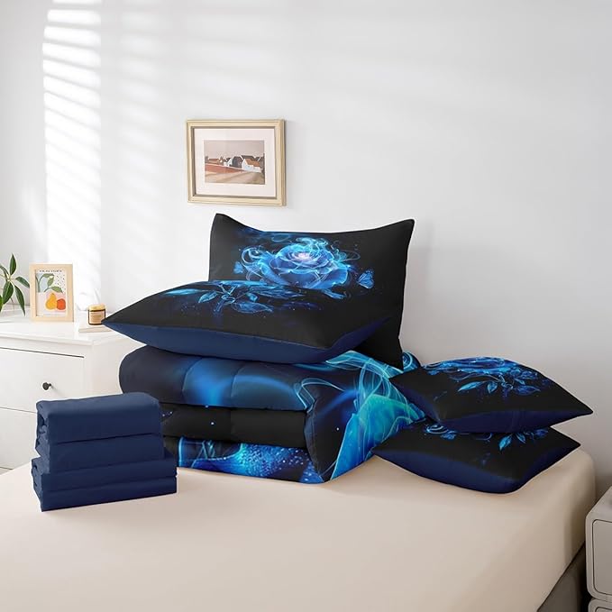 Erosebridal Black Blue Rose Twin Comforter Set with Sheets for Women Girls,Trippy Rose Flowers Bedding Set for Couples Bedroom Decor,Butterfly 7 Piece Bed in a Bag Valentines Day Wedding Gifts