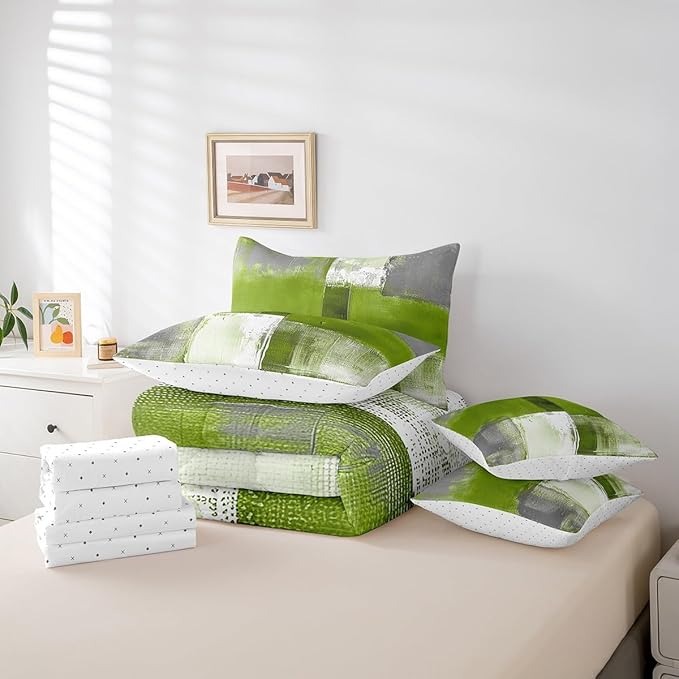 Erosebridal Grass Green White Gray Bedding Comforter Sets 7pcs Abstract Bedding Set, Grunge Twin Size Comforter Set (1 Comforter, 1 Fitted Sheet, 1 Flag Sheet, 2 Pillowcases, 2 Throw Pillow Covers)