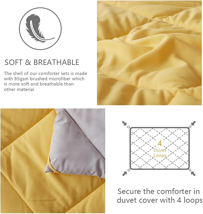 NexHome Queen Comforter Set Yellow&Grey,3 Pieces Lightweight Comforters Queen Size Reversible Bedding Comforters Sets,Down Alternative Comforter Bed Set Quilt Blanket(88x88In Comforter & 2 Pillowsham)