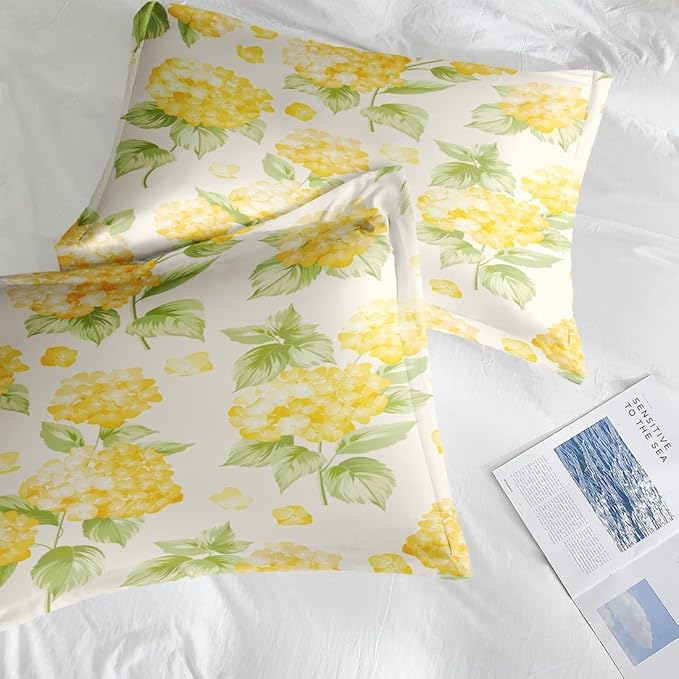 Comforter Set King Size, Flower Yellow Hydrangea 7 Pcs Bedding for Kids and Adults, Floral Summer Rustic Bed Sheet Sets with Fitted Sheet 2 Pillowcases & 2 Shams for Bedroom Bed Decor