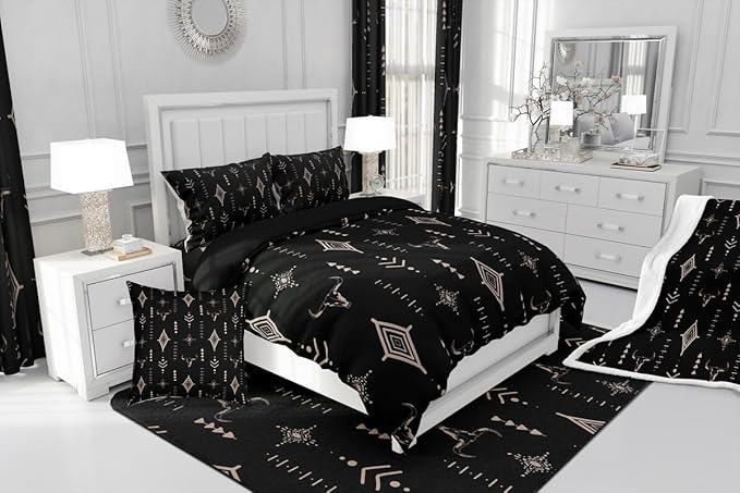Feelyou Rustic Western Bedding Set Toddler Size Kids Western Tribal Bull Skull Comforter Adult Black Brown Boho Ethnic Aztec Cow Pattern Comforter Set