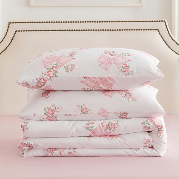 Pink Bow Comforter Set Queen 3Pcs Pink Floral Bedding Set for Girls Cute Romantic Princess Style Bowknot Bedding Ultra Soft Microfiber Garden Flower Comforter Sets with 2 Pillowcases