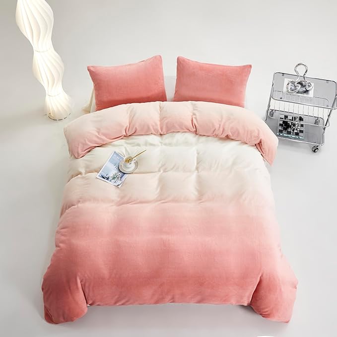 KAREVER Pink & White Gradient Comforter Set - Queen Size, Pink Velvet & White Gradient Quilt, Farmhouse Flannel Comforter for Girls & Women