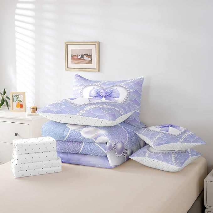 jejeloiu Girls Purple Bowknot 7 Piece Bedding Set King Size White Pearl Comforter Set with Sheets for Kids Women Glitter Mermaid Bed in a Bag Princess Style Bed Set