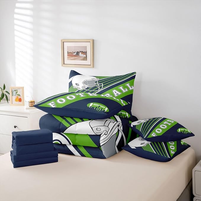 Erosebridal Football Comforter Set Full Size Bed in A Bag, 7 Pieces Football Bedding with Sheets, Navy Green Comforter + Flat Sheet + Fitted Sheet + 2 Pillowcases + 2 Throw Pillow Covers