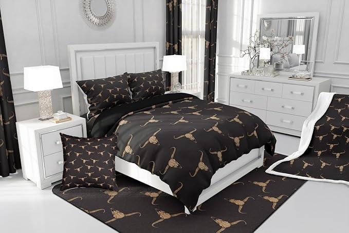Erosebridal Bull Skull Comforter Set King Ethnic Bohemian Bedding for Men Boys | Tribal Steer Skull Wildlife Aztec Bedroom Decor Farmhouse Cabin Lodge Duvet Insert with 2 Pillow Cases,Black Brown