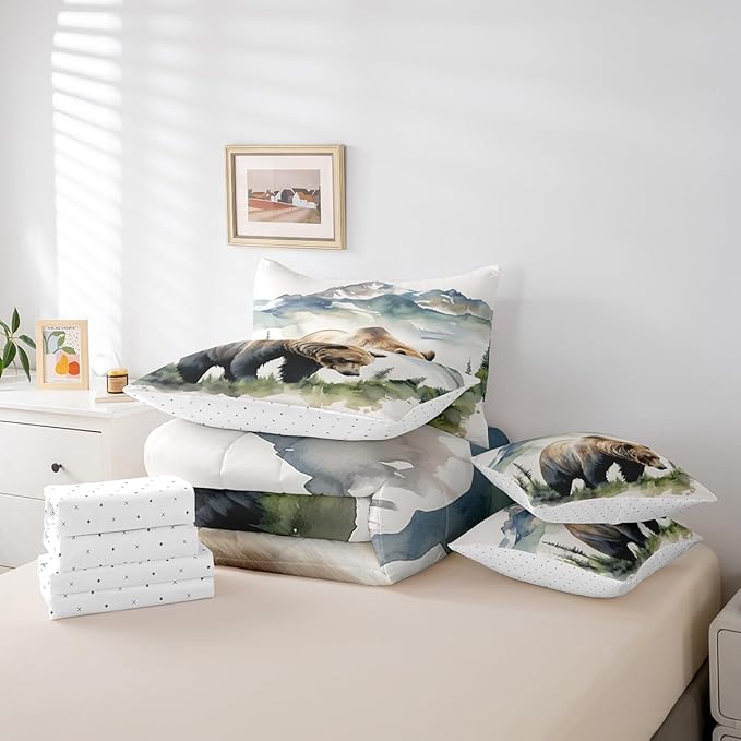 Erosebridal Rustic Bear Twin Bedding Set, Wild Woodland Animal Bed in A Bag,Bear Hunting Comforter Sets with Sheets, Watercolor Animal Theme 7 Pieces Bed Set Bedroom Decor