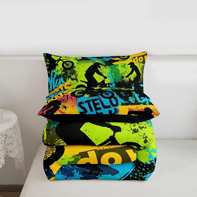 Erosebridal Boys Dirt Bike Comforter Set Full Size Skateboard Bedding Set Motorcycle Motocross Duvet Set Extreme Sports Game Quilt Set Hip Hop Colorful Comforter Set for Kids Teens Adult