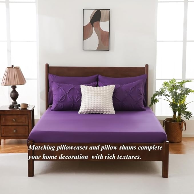 Sheet&Joy King Size Comforter Set, 7-Piece Bed in a Bag, Pintuck Bedding Set for All Season, Includes Comforter, Flat Sheet, Fitted Sheet, Pillowcases and Pillowshams, Purple