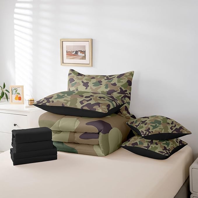 Erosebridal Camo 7 Piece Comforter Set Twin Size Army Green Bedding for Kids Farmhouse Camouflage Hunting Bed in A Bag Sheet Set Vintage Brown Room Decor Wild Duck Rustic Animal Bed Set