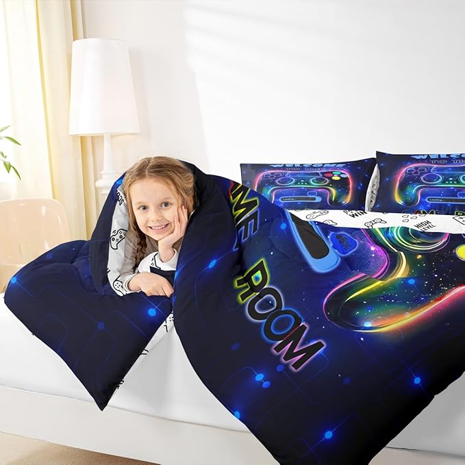 jejeloiu Cool Gamer Bedding Set Full Size for Boys 3D Gaming Comforter Set Kids Teens Bright Blue Duvet Set Modern Game Console Quilt Set 3Pcs