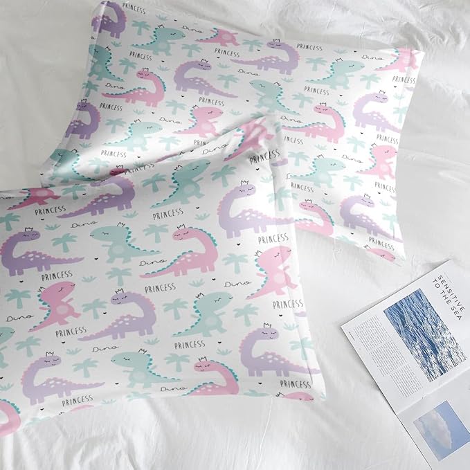 Princess Dinosaur Animal Comforter Set for Girls Kids Toddlers Teens Adults Queen, Cute Dino Pink Bedding Sets Water Washed Microfiber Bedding with 1 Comforter 2 Pillowcase All Season