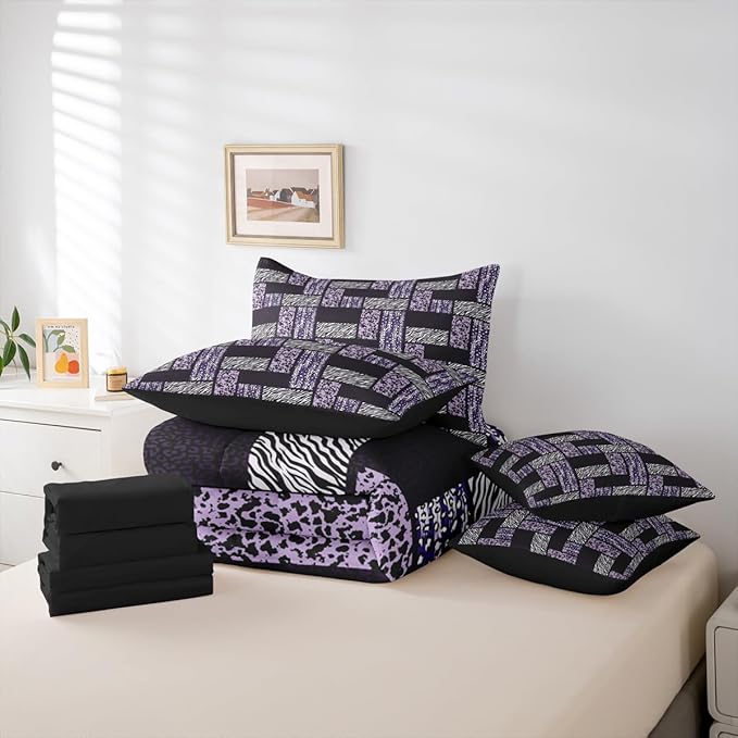 Wildlife Fur Splicing Print Full Comforter Set 7 Pcs,Black Grey Kids Comforter Blanket,Wild Animal Skin Leopard Bedding Sets with Comforter,Flat Sheet,Fitted Sheet,Pillowcases and Pillow Covers