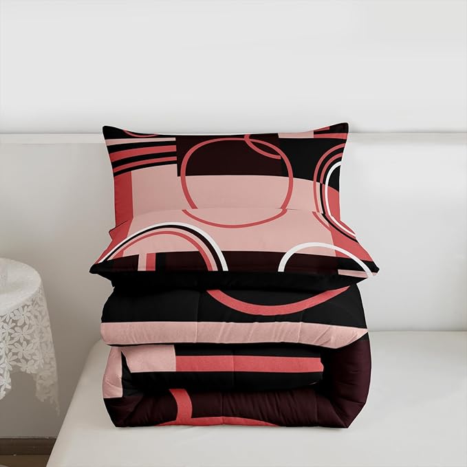 Retro Swirls Bedding Sets Queen Geometric Circles Square Comforter For Kids Girls Teens Red Black Grey Duvet Set Vintage Graphic Patchwork Quilted Comforter Soft Microfiber Bedding Comforter Sets