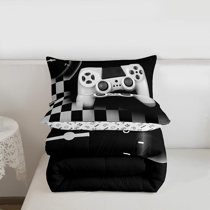 Erosebridal Gaming Alternative Bedding Set for Kids,White Gamepad Design Comforter Set Teenage Boys Room Decor,Buffalo Plaid Check Modern Down Comforter Lightweight Warm,Gamer Decor Duvet Insert Full