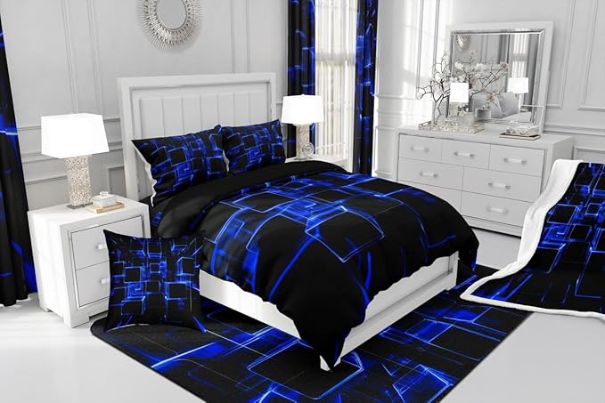 Erosebridal Honeycomb Blue and Black Kids Comforter Set, Modern Geometric Square Bedding for Boys Girls Gradient Neon Light Abstract Duvet Set Twin 2 Pieces