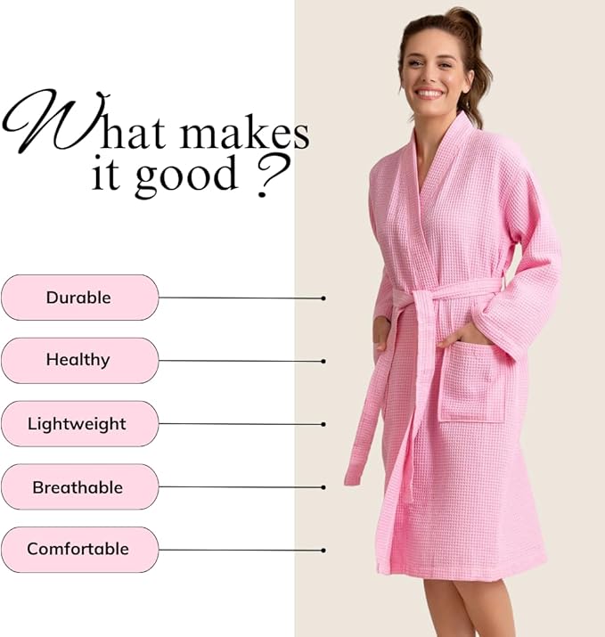 Luxurious Bathrobe for Women - Soft & Absorbent - Lightweigh & Comfort - Long & Kimono - Waffle & Cotton - Hotel/Spa Robe