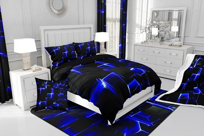 Erosebridal Abstract Comforter Set, Modern Geometric Grid Square Queen Bedding Sets, Blue Black Honeycomb Duvet Insert Soft Microfiber Polyester Bed Set for Kids Boys Bedroom