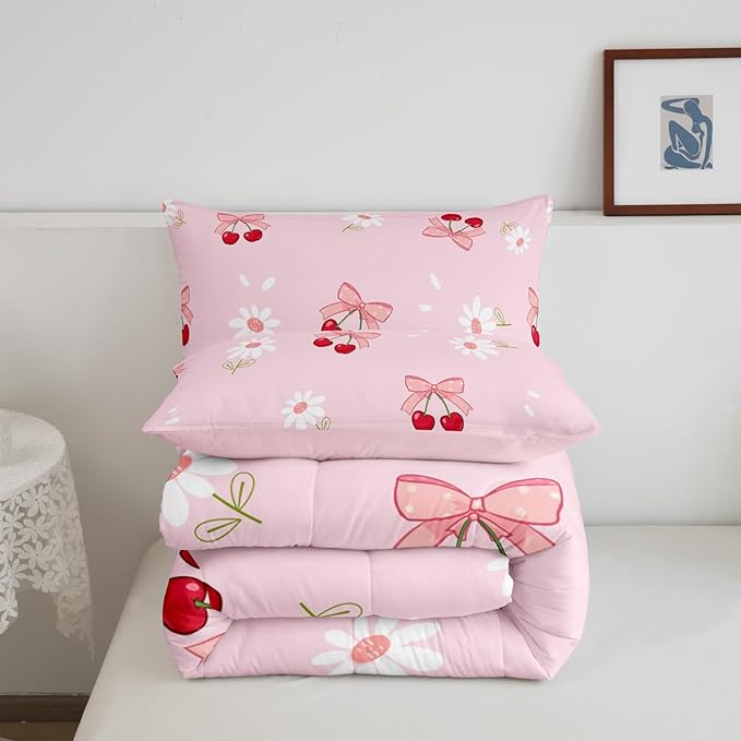 Pink Bowknot Girly Comforter Set Queen Size,Bow Daisy Flowers Plant Cute Bedding Set,Girls Women Room Decor,Cherry Bow Tie Princess Castle Down Comforter,Pink Romantic Duvet Insert,2 Pillowcases