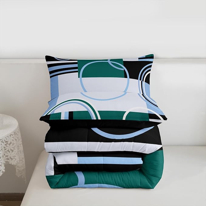Modern Green Blue King Comforter Set Circles Swirls Bedding Sets Room Decor Abstract Black White Square Duvet Insert Geometric Stripe Quilt Set Modern Creative Texture Art Down Comforter All Season