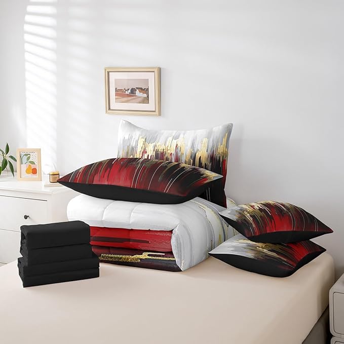 Burgundy Bedding Comforter Sets 7pcs Graffiti Ombre Bed in a Bag, Brush Strokes Oil Painting Twin Bedding Sets Modern Contemporary Comforter Set, Gold Metallic Abstract Gradient Bedding Sets