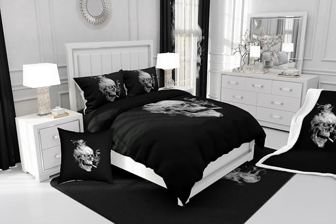 Erosebridal Smoky Skull Comforter Set Toddler,Gray Leaves Bedding for Kids Teens Adult,Gothic Skeleton Down Comforter, Plant Tropical Botanical Bedding Comforter Sets,Luxury Soft