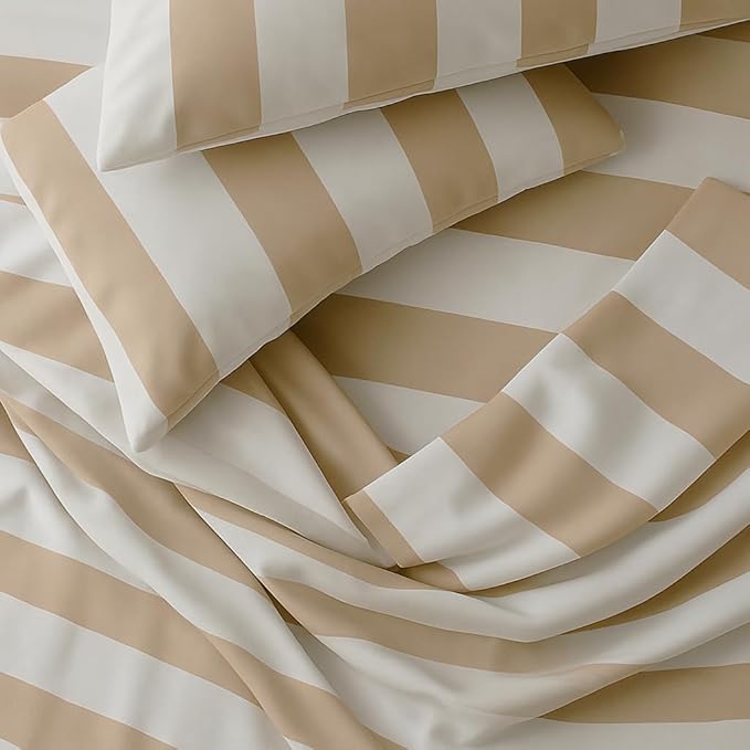 Peru Pima 415 Thread Count Percal King Sheet Set - 100% Peruvian Pima Cotton, 4 Piece (Flat, Fitted, 2 Pillowcases) - Cooling, Crisp, Deep Pocket, Hotel Quality Bedding - Bold Stripe Latte