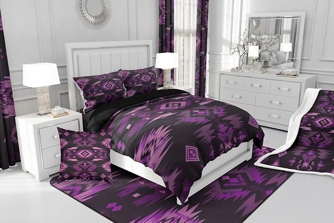 Feelyou Purple Black Southwestern Comforter Set,Geometric Tribal Native American Indian Bedding Set Queen Size,Adult Bedroom Room Decor,Vinatge Exotic Style Stripe Line Comforter,Bed Set