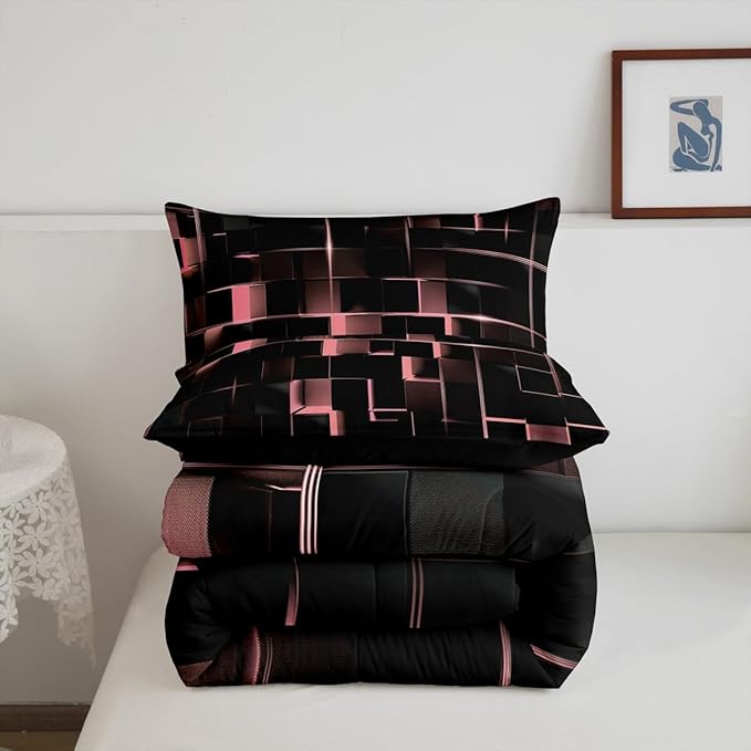 Erosebridal Blush Pink Black Bedding Set Twin Size Neon Geometric Kids Comforter Set 2 Pcs Honeycomb Bed Sets Modern Quilt,1 Comforter 1 Pillow Case Cool Room Decor, Bside Black