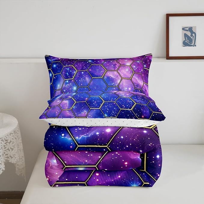 Manfei Blue Galaxy Comforter Set Queen Size, Geometric Hexagon Print Bedding Set 3pcs, Purple Starry Sky Honeycomb Down Comforter for All Season, Kids Boys Girls Room Decor, 2 Pillowcases