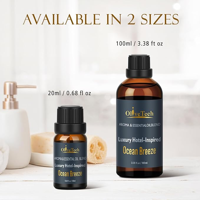 Hotel Diffuser Oil Inspired by Iconic Luxury Hotel Ocean Breeze Edition Scent, OliveTech Aromatherapy Fragrance Oil for Cold Air & Ultrasonic Diffusers, 100ml / 3.38 ft oz Glass Bottle