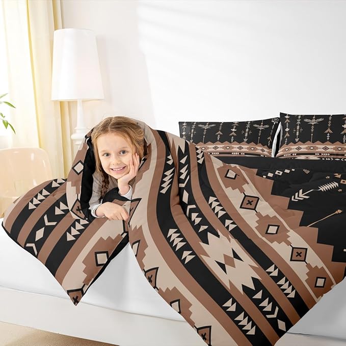 Feelyou Black Brown Southwestern Aztec Bedding Set Full Size Boho Western Comforter Set Boys Girls Vintage Geometric Tribal Duvet Quilt