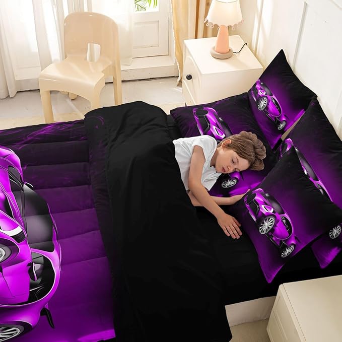 Feelyou Sports Car 7 Piece Bedding Set Purple Race Car Comforter Set with Sheets for Kids Boys Girls Extreme Sports Bed in a Bag Cool Speed Luxury Car Decor Quilt with 1 Pillowcase Twin
