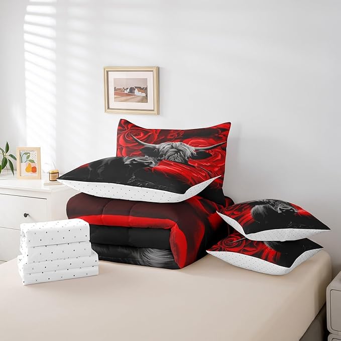 Erosebridal Highland Cow Comforter Set 7 Piece,Red Rose Bed in a Bag King,Western Bull Cattle Fitted Sheet,Romantic Rose Floral Quilt Set,Wild Animals Wildlife Bedding Set Farmhouse Bedroom Decor