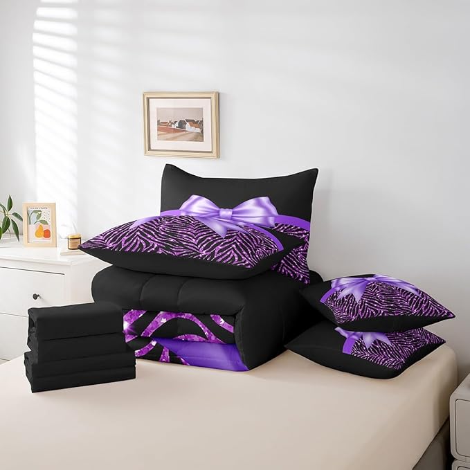 Feelyou Purple Bowknot 7 Piece Bedding Set King Size Glitter Print Comforter Set with Sheets for Kids Girls Adult Cute Bowknot Bed in a Bag Black Silver Bed Set