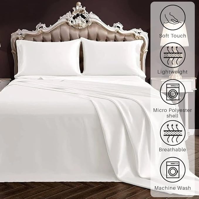100% Pure Silk Satin Sheet Set 4pcs, Silk Fitted Sheet 15" Deep Pocket Mattress fit,Silk Flat Sheet&Silk Pillowcases Set Cool Soft Silk Sheets|Wrinkle Free Fade Resistant Full XL Gold