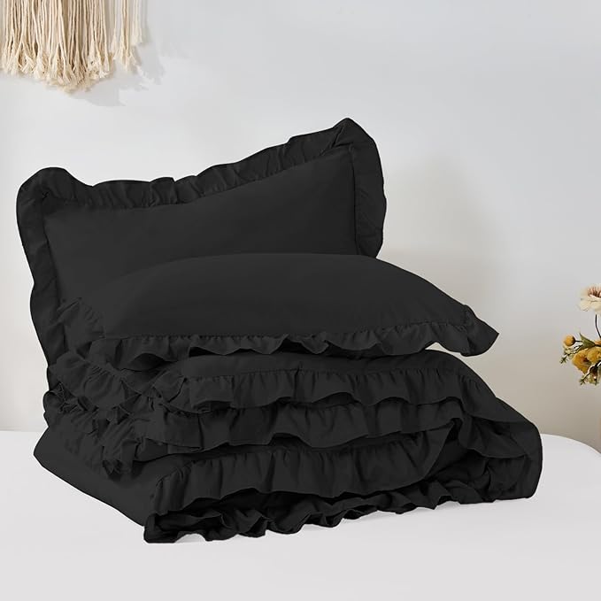 FUANNA King Size Comforter Set Black, 3 Pieces Ruffle King Bedding Set, Fluffy Farmhouse Bed in a Bag King with 1 Lightweight Comforter & 2 Pillowshams